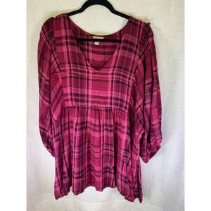 Cato Women’s 22/24W Plus Pink Plaid Balloon Sleeve Top Blouse Shirt  V Neck